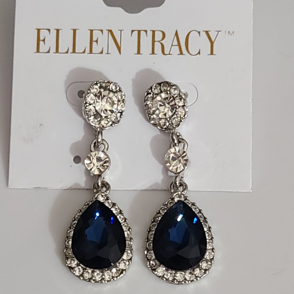 New Blue Sapphire Crystal Earrings Glass Ellen Tracy Wedding Holiday Drop Fancy 20$
